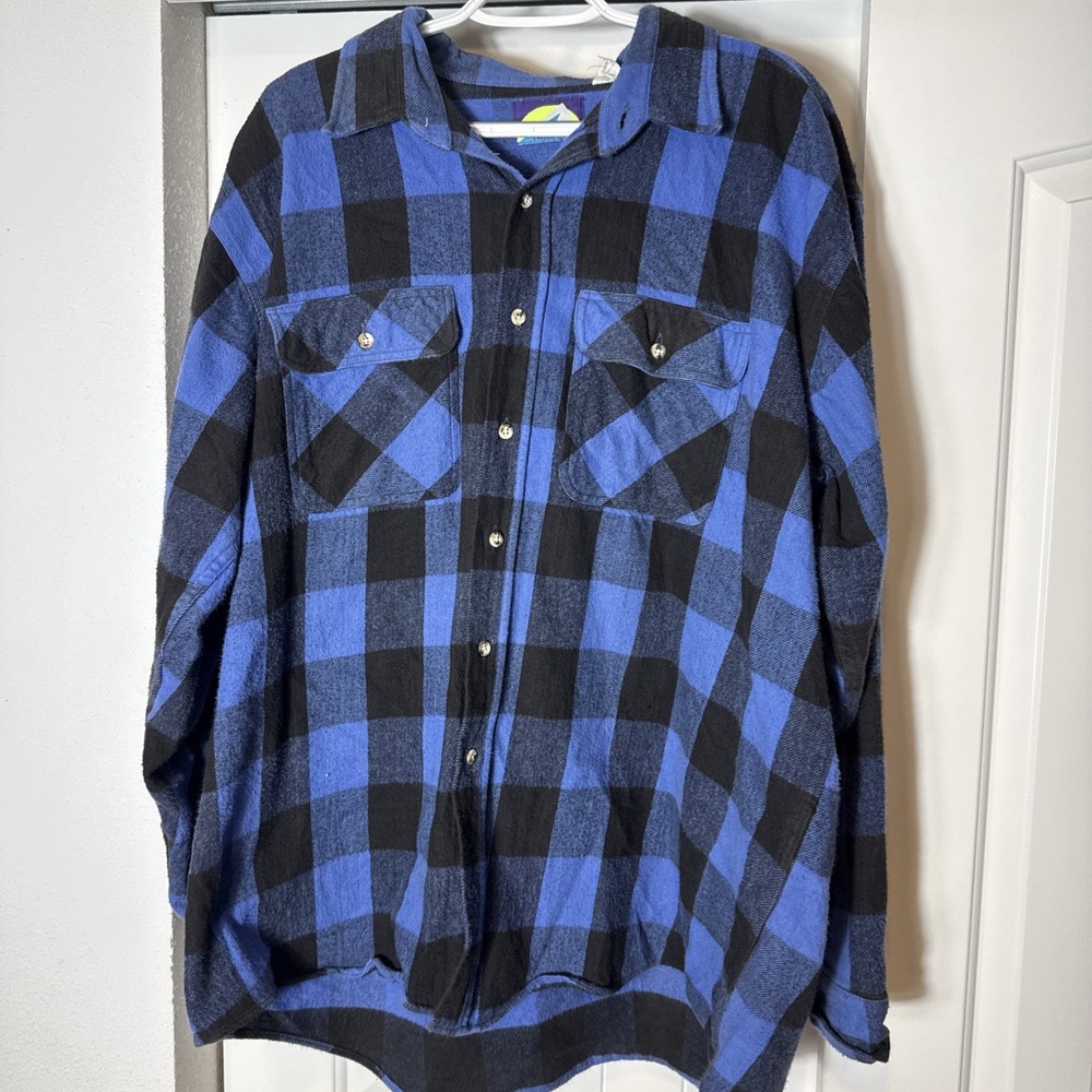 North Crest Vintage Mens Buffalo Plaid Blue Flannel Plaid Shirt 2XL